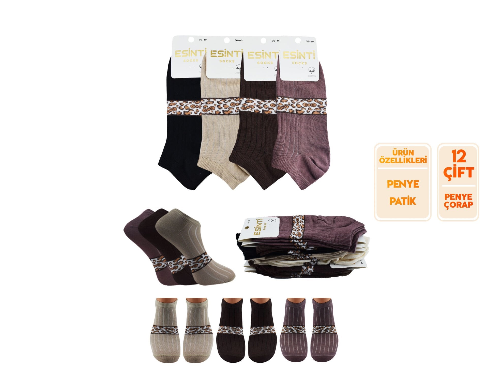 Esinti 33-11 (36-40) Naturel Pamuk Bayan Patik Çorap 12'li