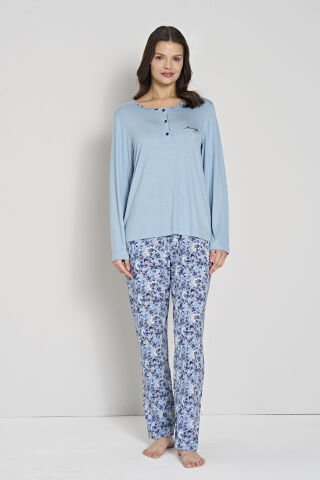 Pijadore 1910 (M-L-XL-XXL) Uzun Kollu Bayan Pijama Takım 4'lü MAVİ - M-L-XL-XXL