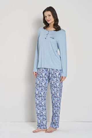Pijadore 1910 (M-L-XL-XXL) Uzun Kollu Bayan Pijama Takım 4'lü MAVİ - M-L-XL-XXL