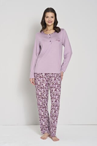 Pijadore 1910 (M-L-XL-XXL) Uzun Kollu Bayan Pijama Takım 4'lü LİLA - M-L-XL-XXL