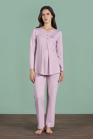 Pijadore 1946 (M-L-XL-XXL) Uzun Kollu Bayan Lohusa Pijama Takım 4'lü LİLA - M-L-XL-XXL
