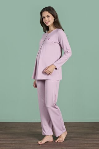 Pijadore 1946 (M-L-XL-XXL) Uzun Kollu Bayan Lohusa Pijama Takım 4'lü LİLA - M-L-XL-XXL