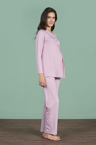 Pijadore 1946 (M-L-XL-XXL) Uzun Kollu Bayan Lohusa Pijama Takım 4'lü LİLA - M-L-XL-XXL