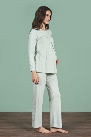 Pijadore 1946 (M-L-XL-XXL) Uzun Kollu Bayan Lohusa Pijama Takım 4'lü YEŞİL - M-L-XL-XXL