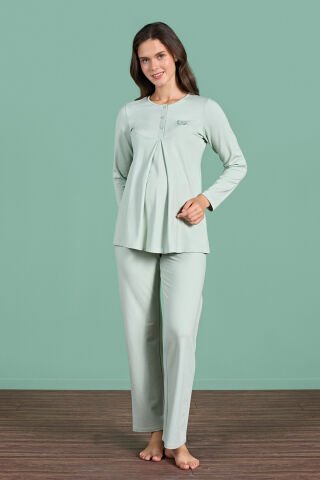 Pijadore 1946 (M-L-XL-XXL) Uzun Kollu Bayan Lohusa Pijama Takım 4'lü YEŞİL - M-L-XL-XXL