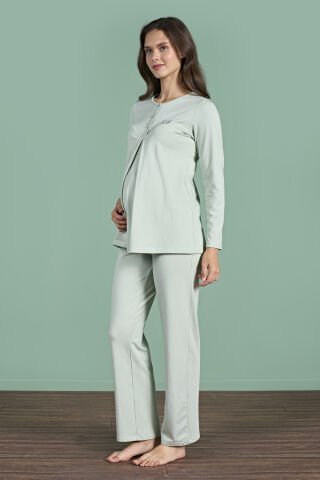 Pijadore 1946 (M-L-XL-XXL) Uzun Kollu Bayan Lohusa Pijama Takım 4'lü YEŞİL - M-L-XL-XXL