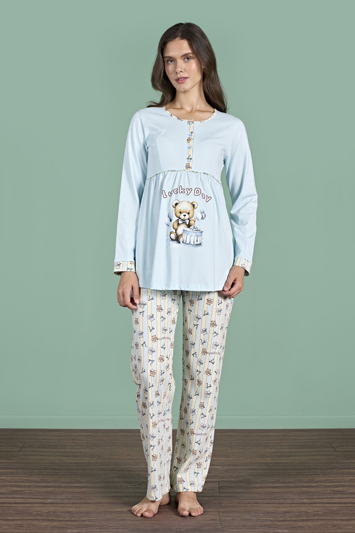 Pijadore 1948 (M-L-XL-XXL) Uzun Kollu Bayan Lohusa Pijama Takım 4'lü MAVİ - M-L-XL-XXL