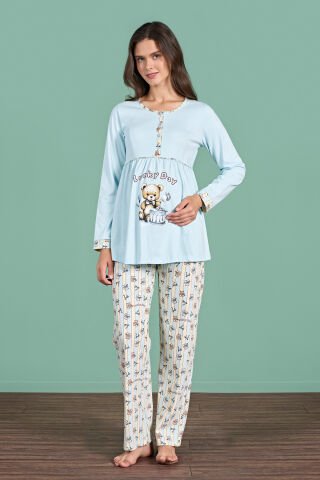 Pijadore 1948 (M-L-XL-XXL) Uzun Kollu Bayan Lohusa Pijama Takım 4'lü MAVİ - M-L-XL-XXL