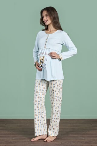 Pijadore 1948 (M-L-XL-XXL) Uzun Kollu Bayan Lohusa Pijama Takım 4'lü MAVİ - M-L-XL-XXL