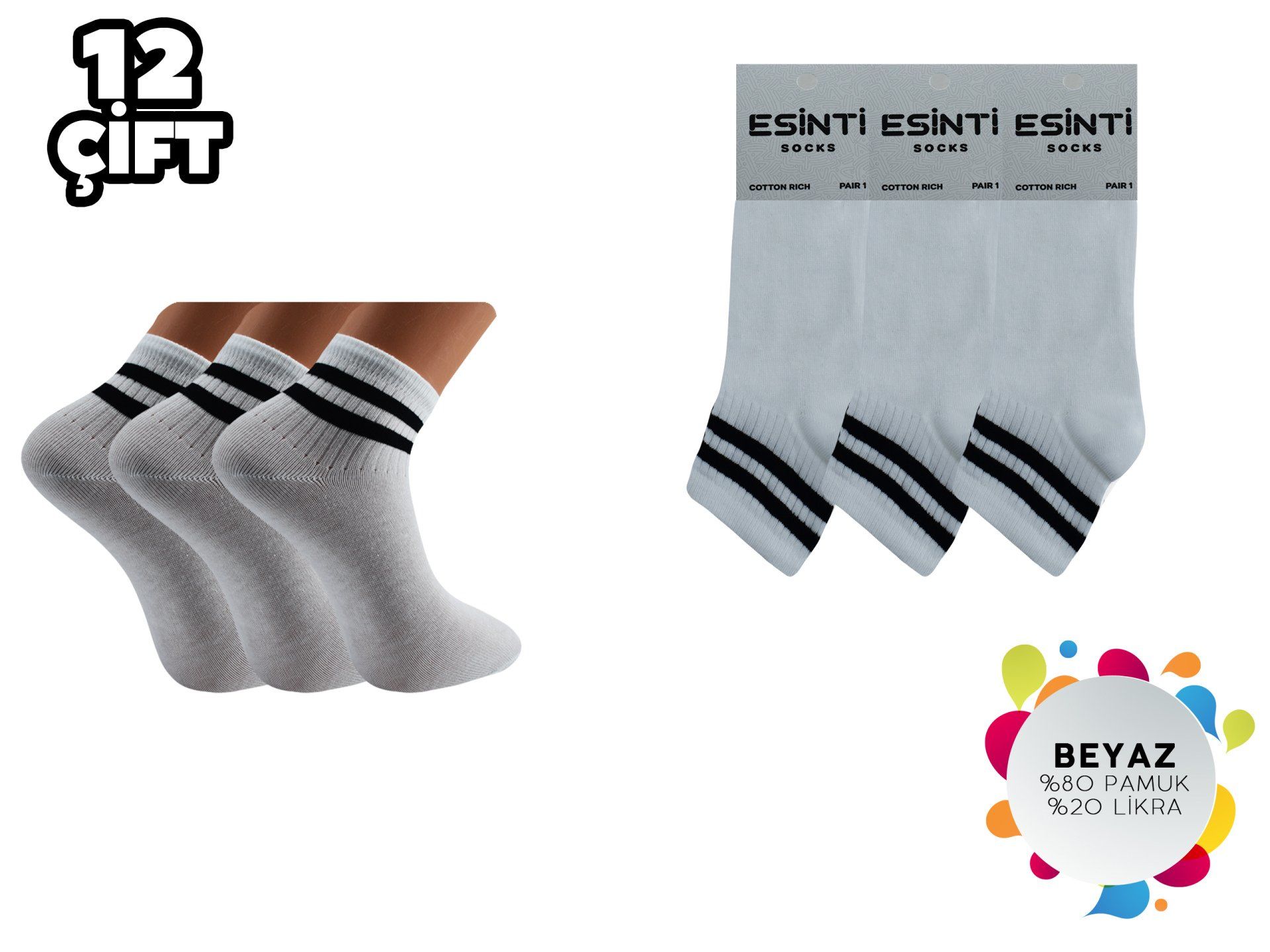 Esinti Beyaz Çemberli Bayan Kolej Patik 12'li