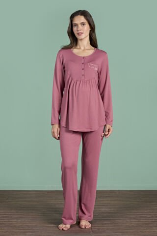 Pijadore 1945 (M-L-XL-XXL) Uzun Kollu Bayan Lohusa Pijama Takım 4'lü GÜL KURUSU - M-L-XL-XXL
