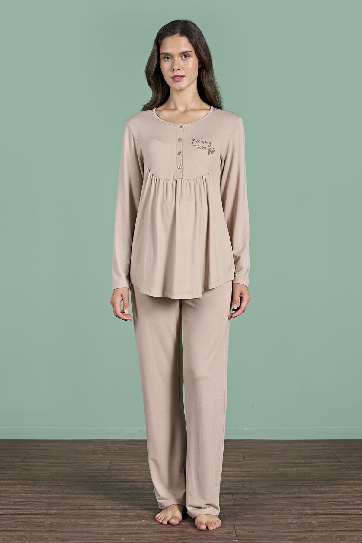 Pijadore 1945 (M-L-XL-XXL) Uzun Kollu Bayan Lohusa Pijama Takım 4'lü VİZON - M-L-XL-XXL