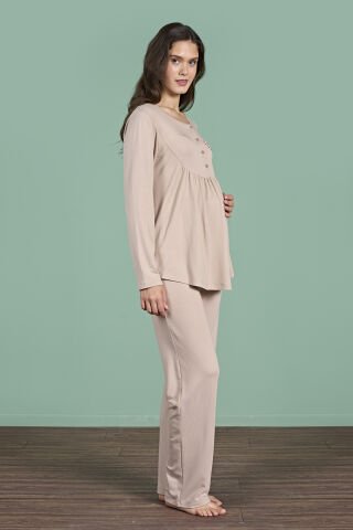 Pijadore 1945 (M-L-XL-XXL) Uzun Kollu Bayan Lohusa Pijama Takım 4'lü VİZON - M-L-XL-XXL