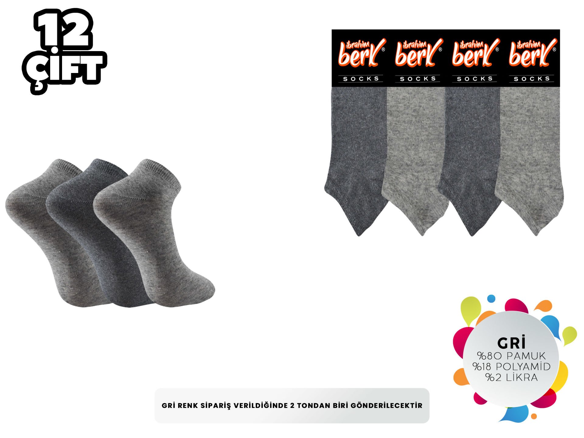 İbrahim Berk 11-GRİ Erkek Likralı Patik Çorap 12'li