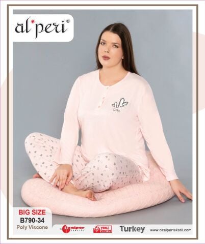 Alperi B790-34 (3XL-4XL-5XL-6XL) Bayan Uzun Kollu Pijama Takım 4'lü