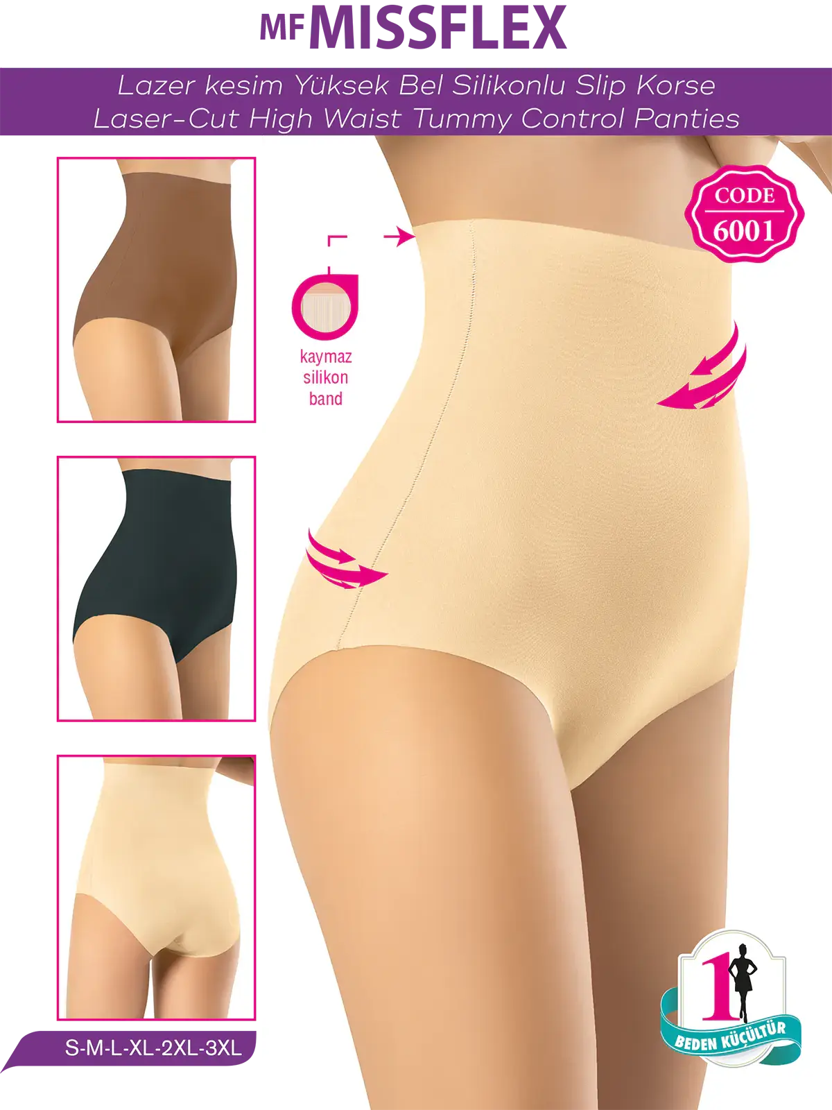 MF MISS FLEX 6001 Lazer Kesim Yüksek Bel Silikonlu Slip Korse