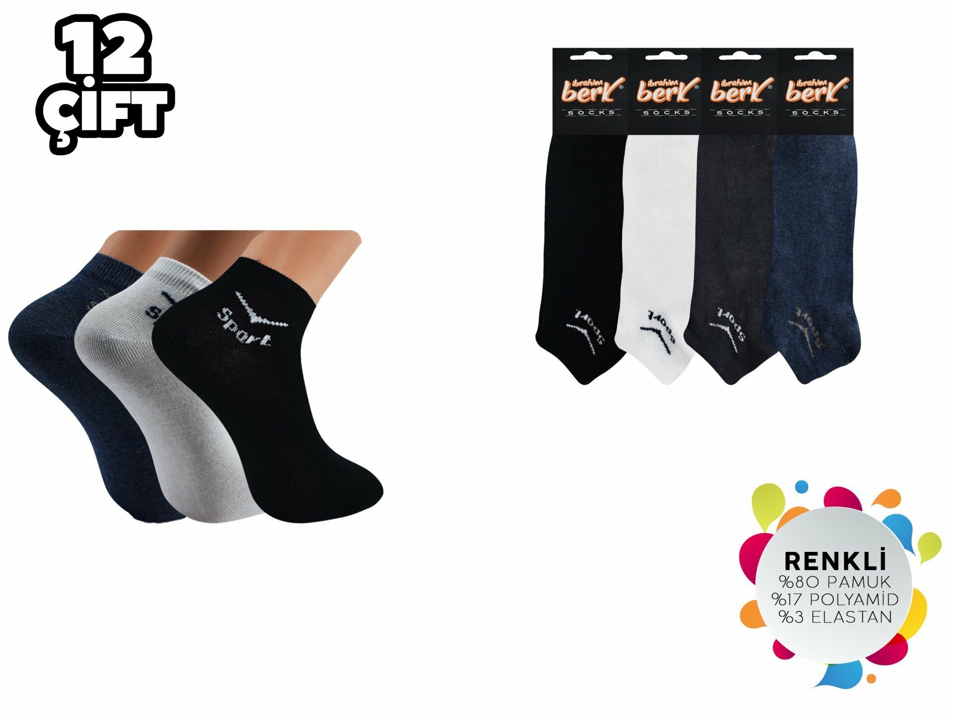 İbrahim Berk 11-1 Erkek Likralı Patik Çorap 12'li
