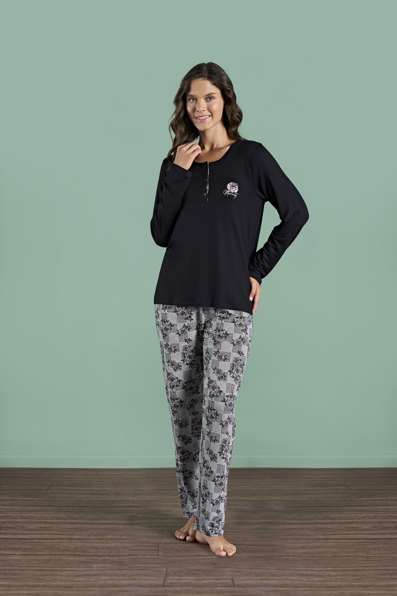 Pijadore 1998 (2XL-3XL-4XL-5XL) Battal Beden Uzun Kollu Bayan Pijama Takım 4'lü SİYAH - SERİ-4-LÜ