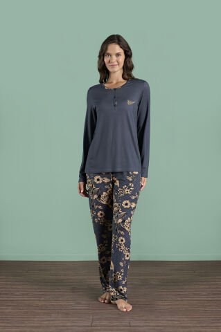 Pijadore 2000 (2XL-3XL-4XL-5XL) Battal Beden Uzun Kollu Bayan Pijama Takım 4'lü ANTRASİT - SERİ-4-LÜ