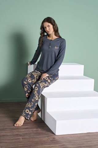 Pijadore 2000 (2XL-3XL-4XL-5XL) Battal Beden Uzun Kollu Bayan Pijama Takım 4'lü ANTRASİT - SERİ-4-LÜ