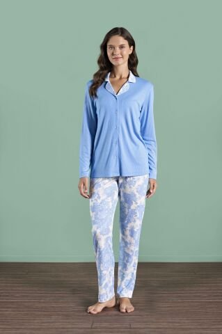 Pijadore 1979 (2XL-3XL-4XL-5XL) Battal Beden Uzun Kollu Bayan Pijama Takım 4'lü MAVİ - SERİ-4-LÜ