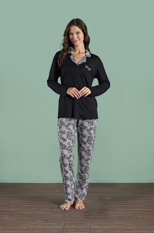 Pijadore 1997 (2XL-3XL-4XL-5XL) Battal Beden Uzun Kollu Bayan Pijama Takım 4'lü SİYAH - SERİ-4-LÜ