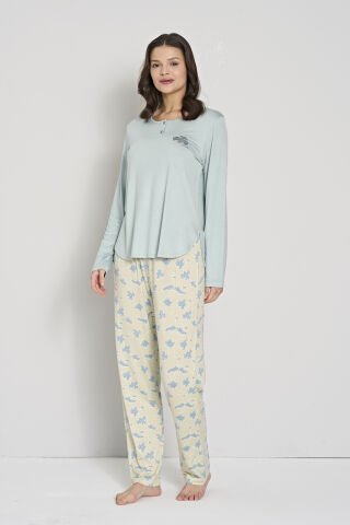 Pijadore 1908 (2XL-3XL-4XL-5XL) Battal Beden Uzun Kollu Bayan Pijama Takım 4'lü MAVİ - SERİ-4-LÜ