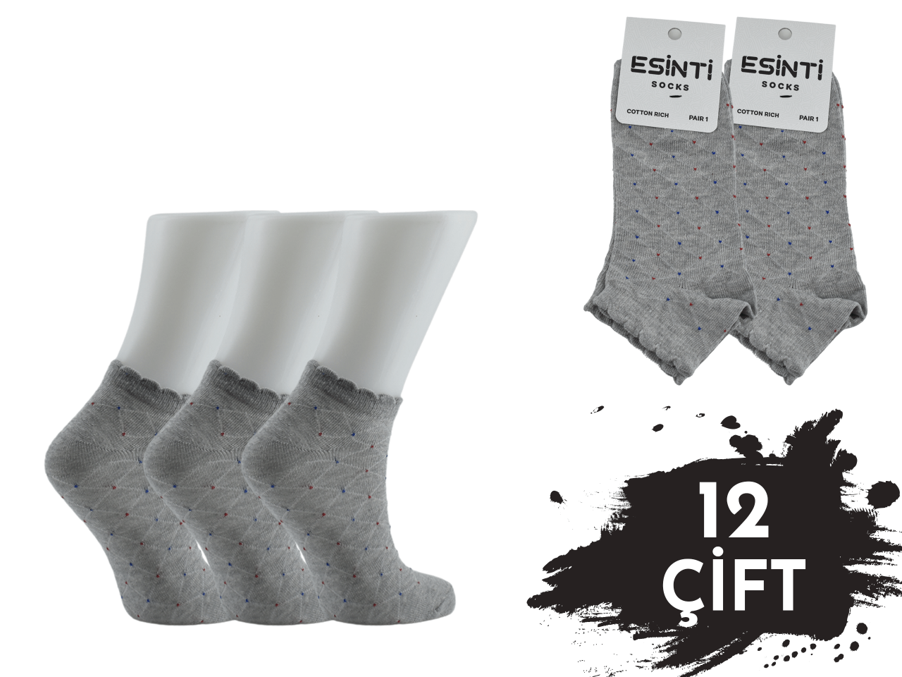 Esinti Gri Karışık Puanlı 3 Boyutlu Bayan Patik 12'li