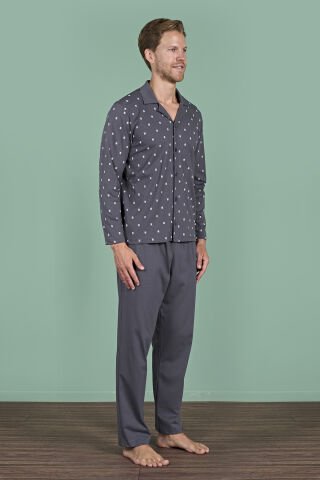 Pijadore 1928 (M-L-XL-XXL) Uzun Kollu Erkek Pijama Takım 4'lü FÜME - M-L-XL-XXL