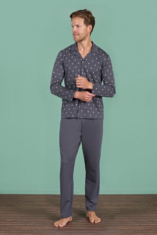 Pijadore 1928 (M-L-XL-XXL) Uzun Kollu Erkek Pijama Takım 4'lü FÜME - M-L-XL-XXL