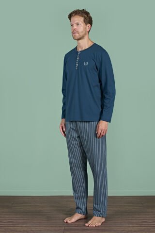 Pijadore 1934 (M-L-XL-XXL) Uzun Kollu Erkek Pijama Takım 4'lü PETROL - M-L-XL-XXL