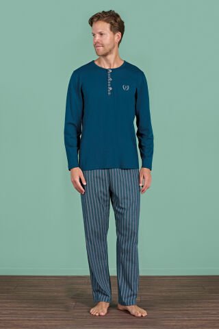 Pijadore 1934 (M-L-XL-XXL) Uzun Kollu Erkek Pijama Takım 4'lü PETROL - M-L-XL-XXL