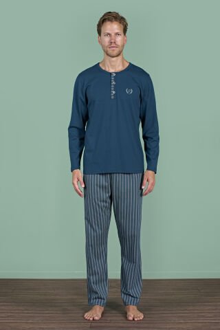 Pijadore 1934 (M-L-XL-XXL) Uzun Kollu Erkek Pijama Takım 4'lü PETROL - M-L-XL-XXL