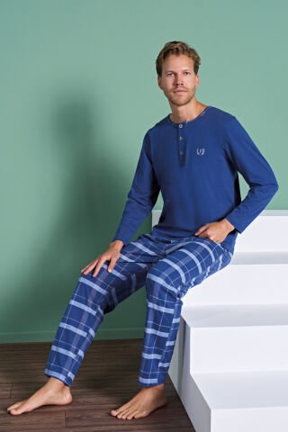Pijadore 1936 (M-L-XL-XXL) Uzun Kollu Erkek Pijama Takım 4'lü MAVİ - M-L-XL-XXL