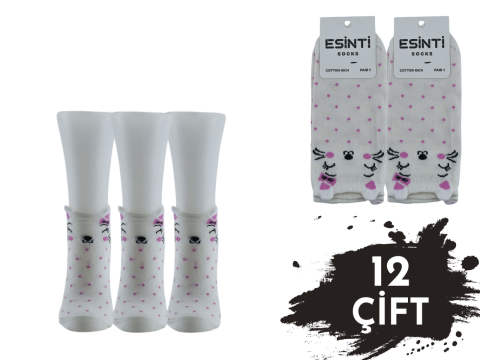 Esinti Beyaz Puanlı Kedili 3 Boyutlu Bayan Patik 12'li