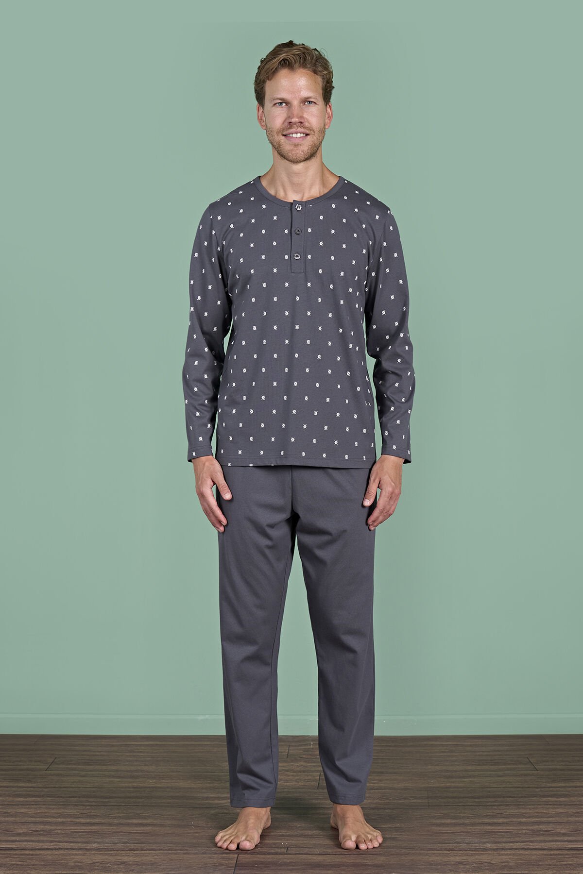 Pijadore 1929 (M-L-XL-XXL) Uzun Kollu Erkek Pijama Takım 4'lü FÜME - M-L-XL-XXL