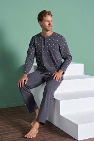 Pijadore 1929 (M-L-XL-XXL) Uzun Kollu Erkek Pijama Takım 4'lü FÜME - M-L-XL-XXL