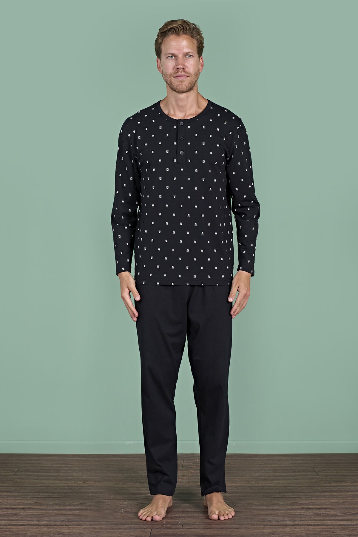 Pijadore 1929 (M-L-XL-XXL) Uzun Kollu Erkek Pijama Takım 4'lü SİYAH - M-L-XL-XXL