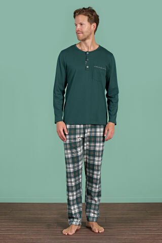 Pijadore 1935 (M-L-XL-XXL) Uzun Kollu Erkek Pijama Takım 4'lü YEŞİL - M-L-XL-XXL