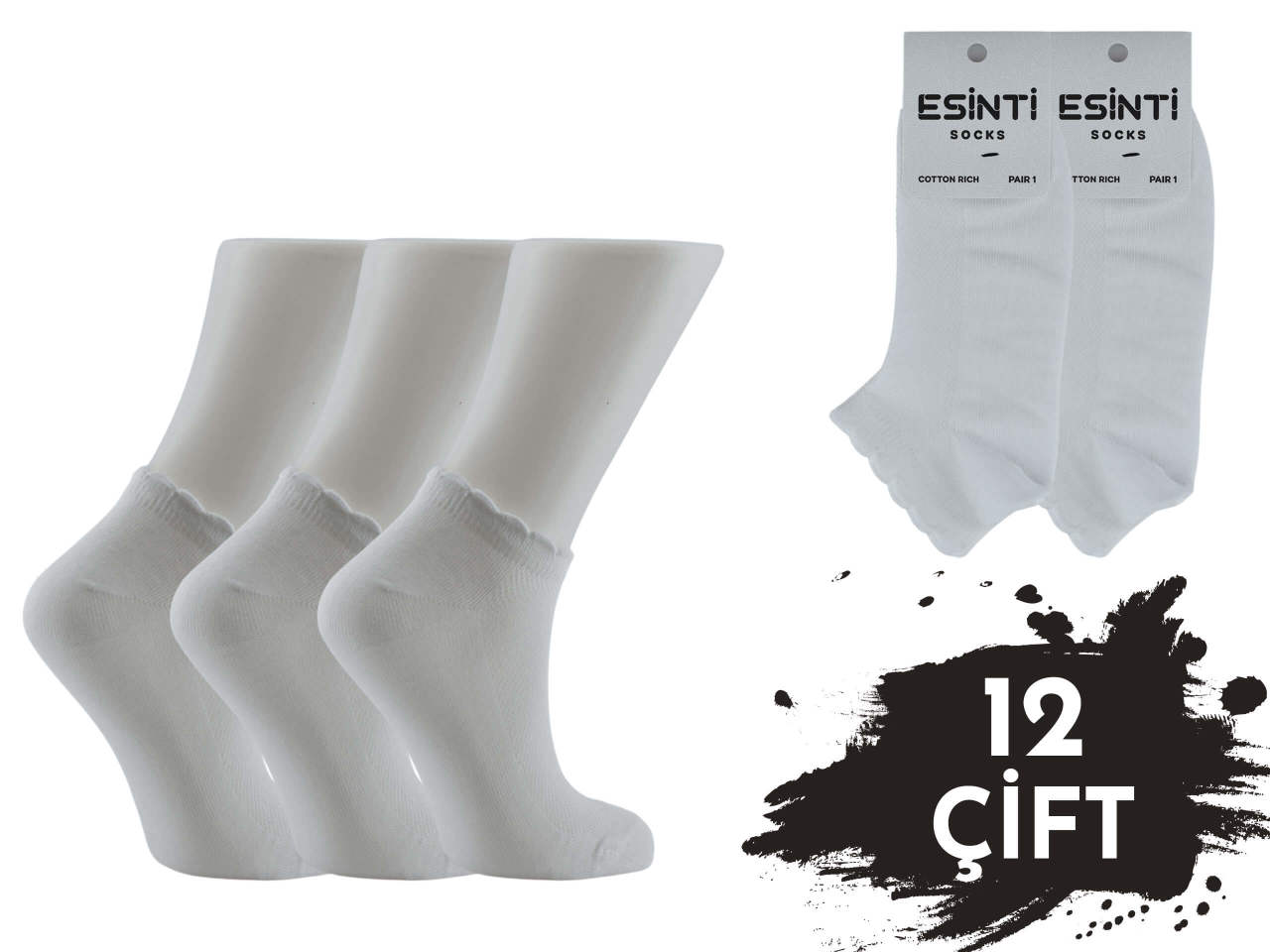 Esinti Düz Beyaz 3 Boyutlu Bayan Patik 12'li