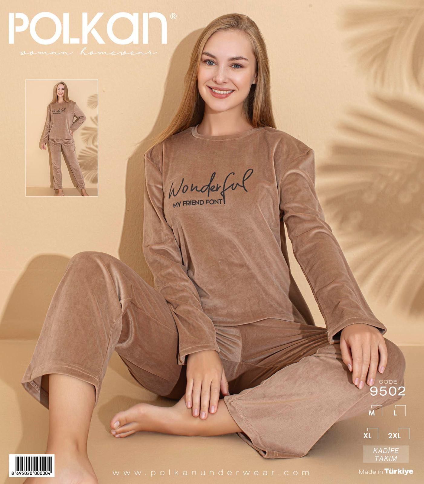 Polkan 9502 (M-L-XL-XXL) Kadife Uzun Kollu Bayan Pijama Takım 4'lü
