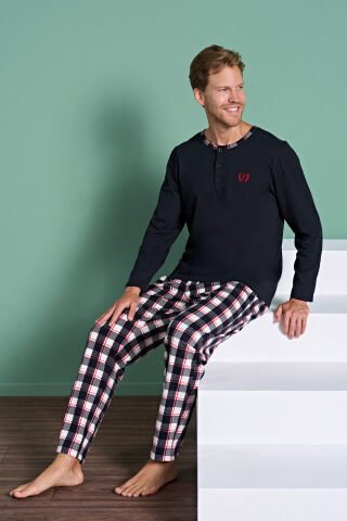 Pijadore 1963 (M-L-XL-XXL) Uzun Kollu Erkek Pijama Takım 4'lü SİYAH - M-L-XL-XXL