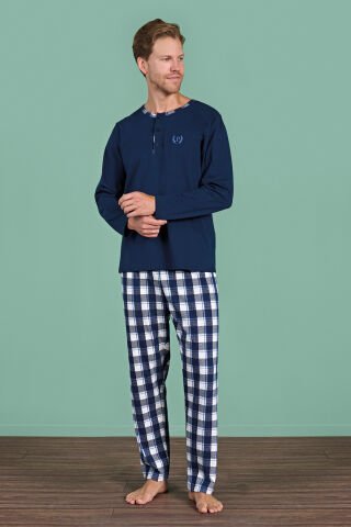 Pijadore 1963 (M-L-XL-XXL) Uzun Kollu Erkek Pijama Takım 4'lü LACİVERT - M-L-XL-XXL