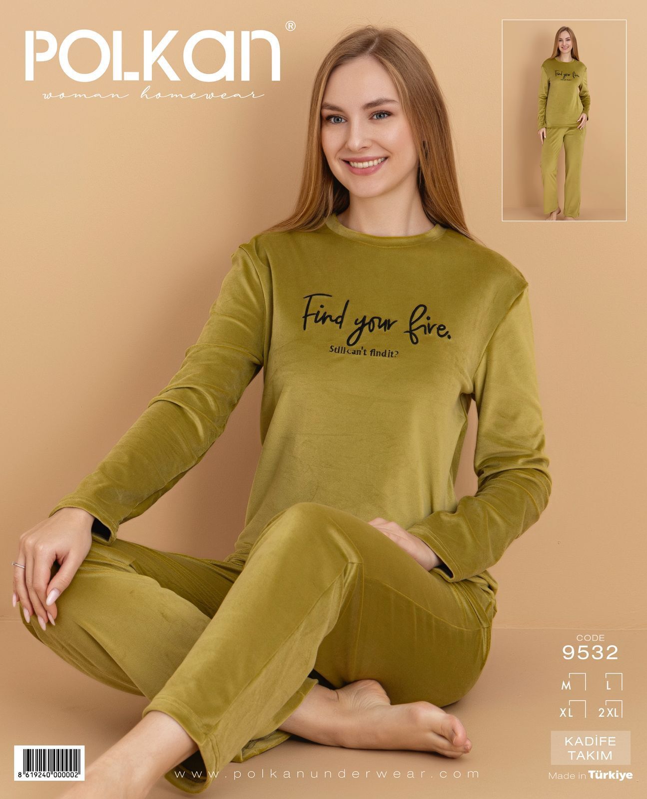 Polkan 9532 (M-L-XL-XXL) Kadife Uzun Kollu Bayan Pijama Takım 4'lü