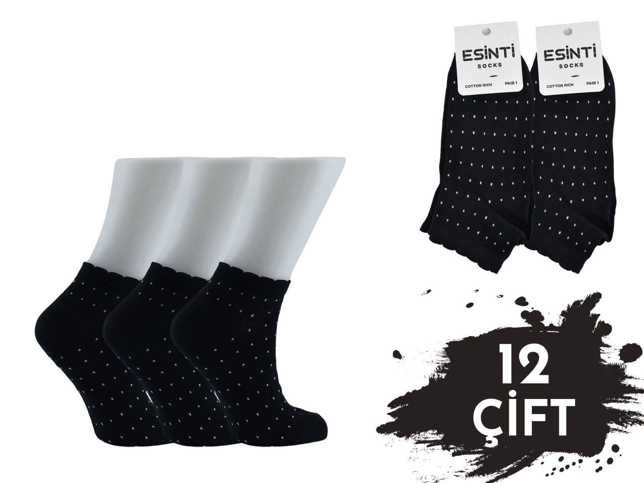 Esinti Siyah Puanlı 3 Boyutlu Bayan Patik 12'li