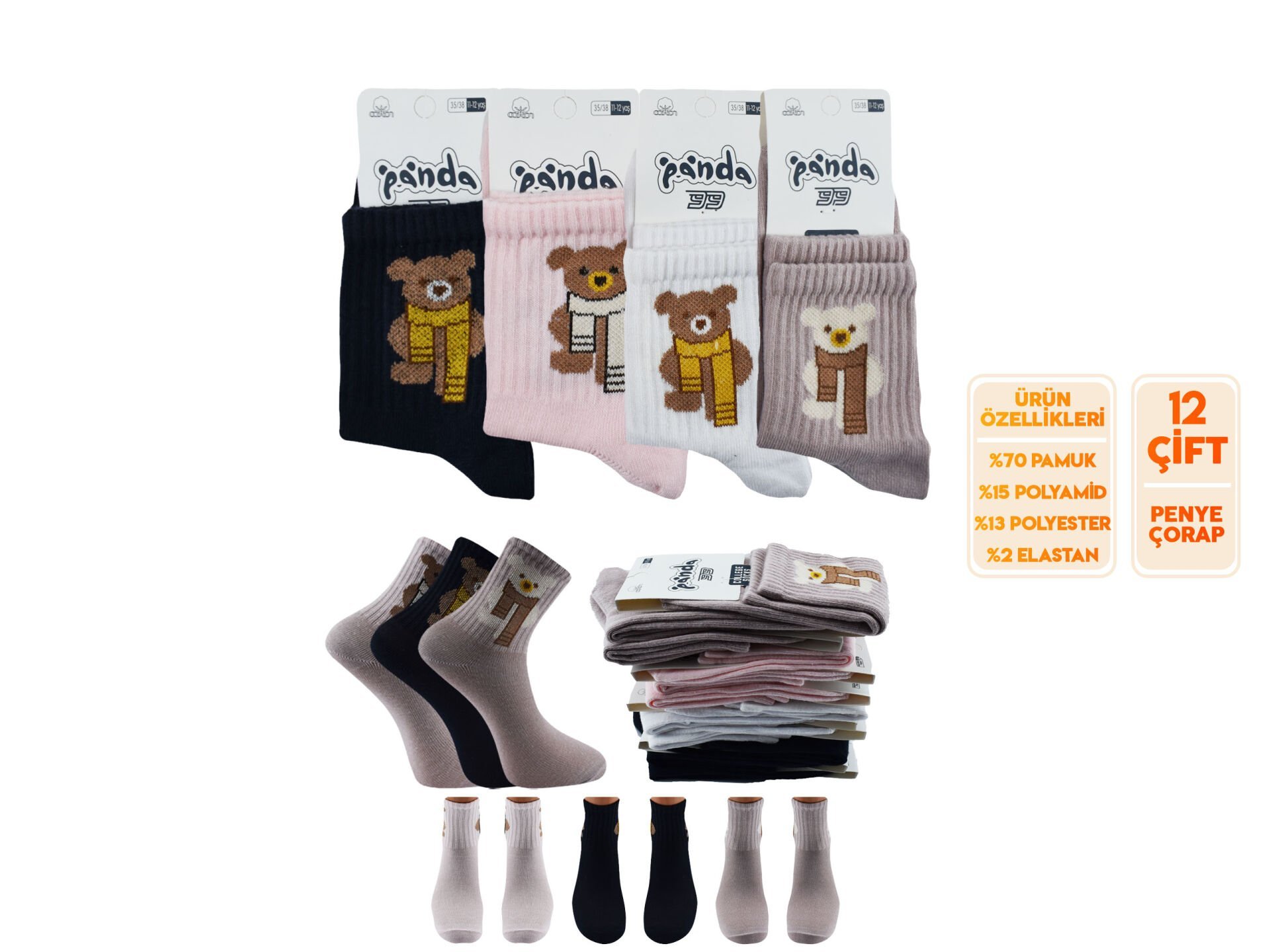 Panda 10 (3-12 Yaş) Yıkamalı Kız Erkek Çocuk Kolej Soket Çorap 12'li
