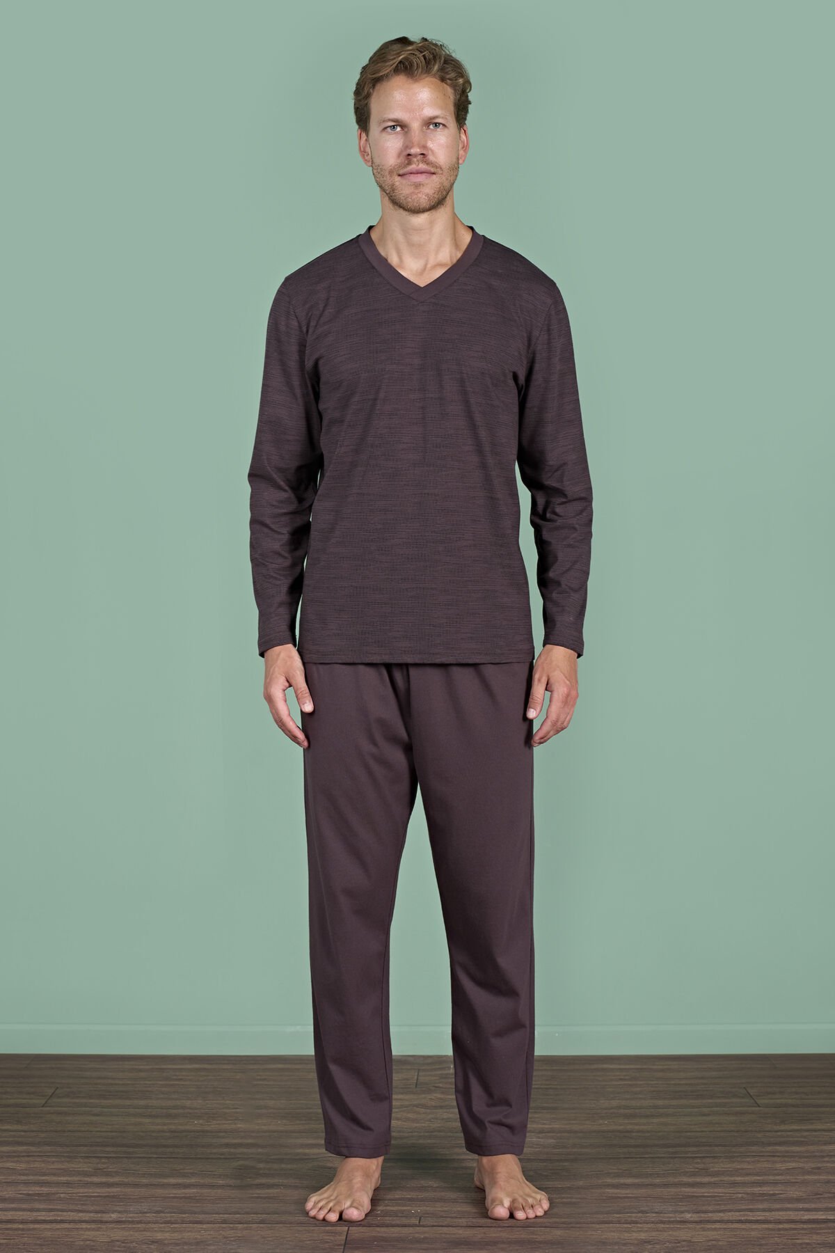 Pijadore 1932 (2XL-3XL-4XL-5XL) Battal Beden Uzun Kollu Erkek Pijama Takım 4'lü KAHVE - SERİ-4-LÜ