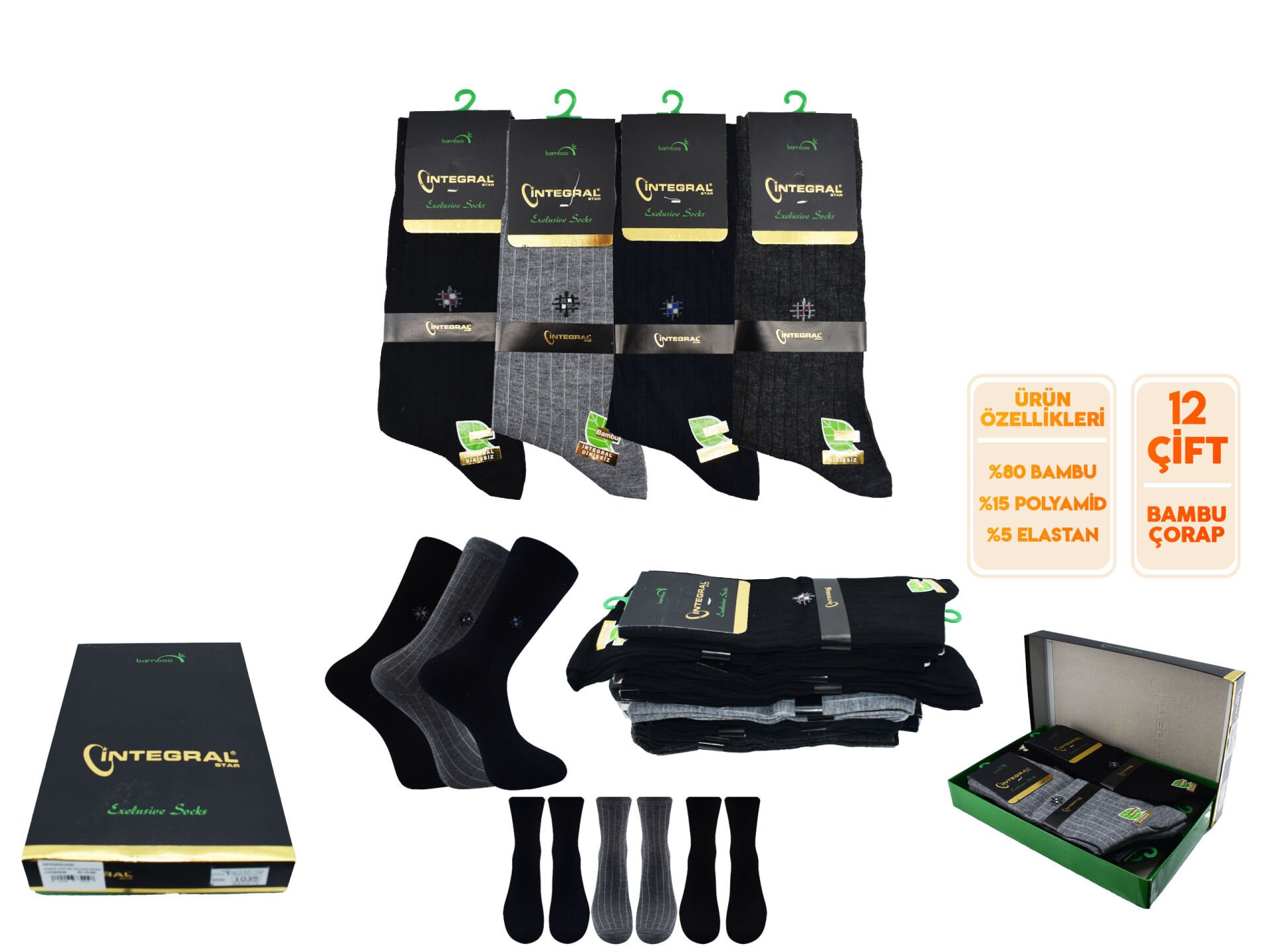 İntegral 1041 (40-44) Erkek Bambu Dikişsiz Mevsimlik Çorap12'li