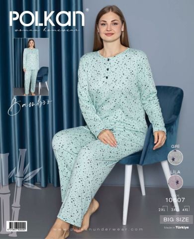 Polkan 10607 Battal Beden Bayan Uzun Kollu Bambu Pijama Takım 3'lü