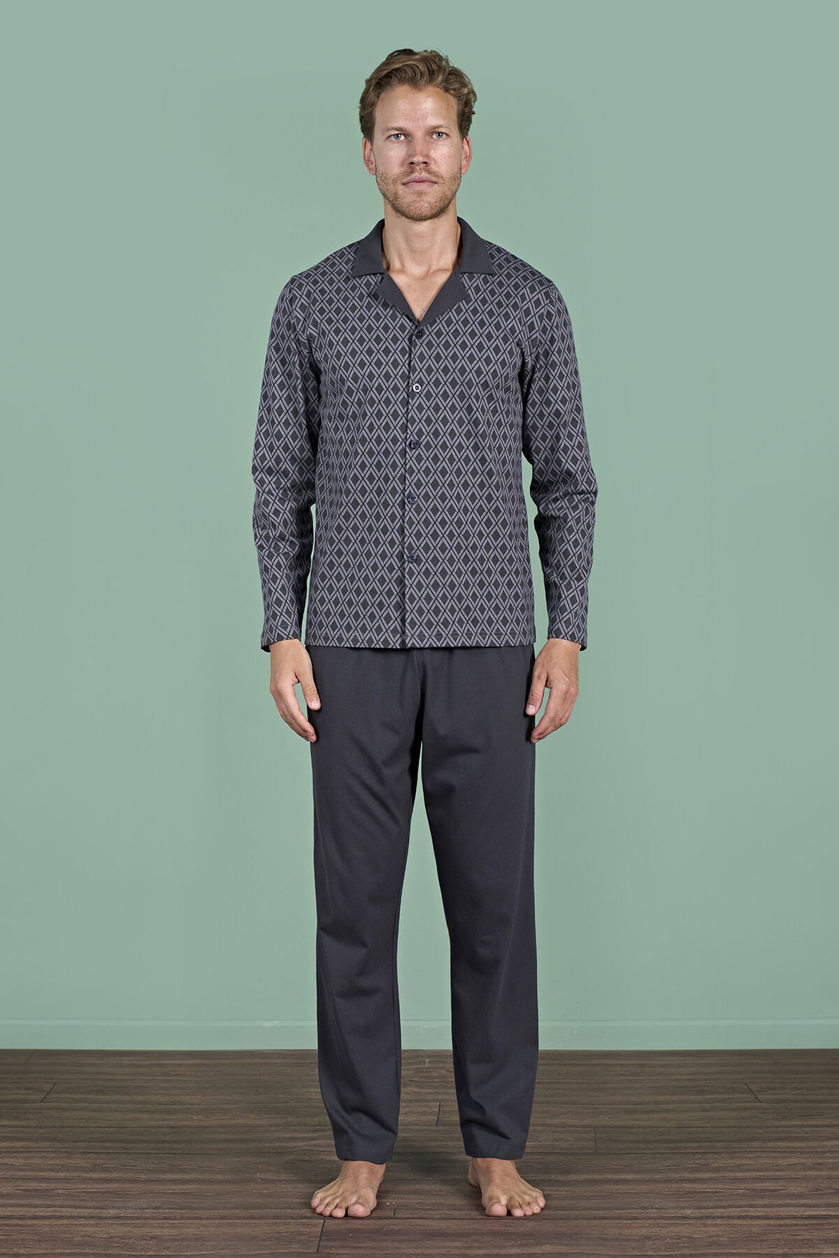 Pijadore 1967 (2XL-3XL-4XL-5XL) Battal Beden Uzun Kollu Erkek Pijama Takım 4'lü FÜME - SERİ-4-LÜ